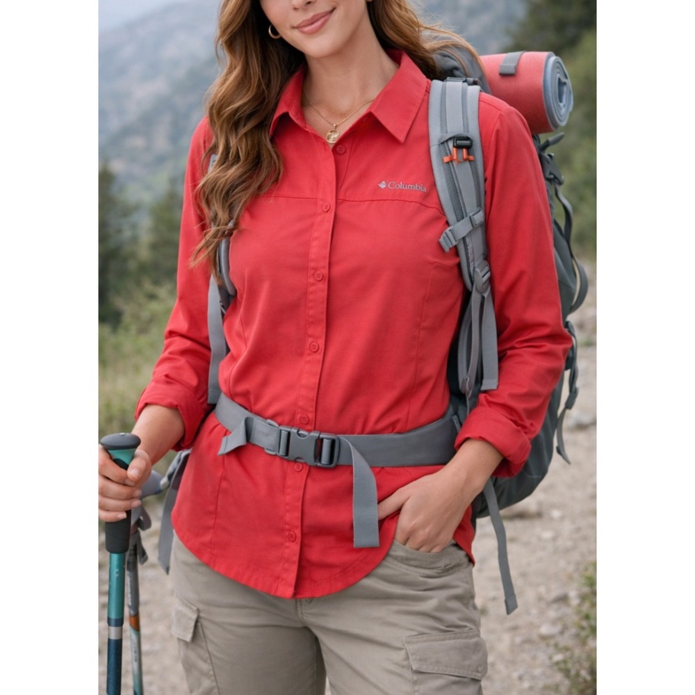Columbia Omni Shade Sun Protection Long Sleeve‎ Button Up Shirt Coral Women's M